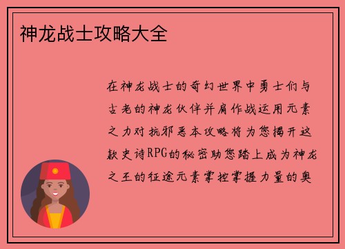 神龙战士攻略大全